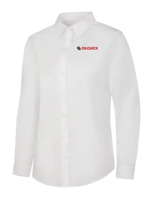 Womens White Long Sleeve Carefree Poplin Shirt w/OilQuick Logo