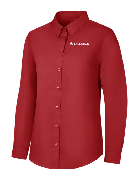 Womens Rich Red  Long Sleeve Carefree Poplin Shirt w/OilQuick Logo