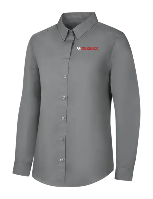 Womens Medium Grey Long Sleeve Carefree Poplin Shirt w/OilQuick Logo