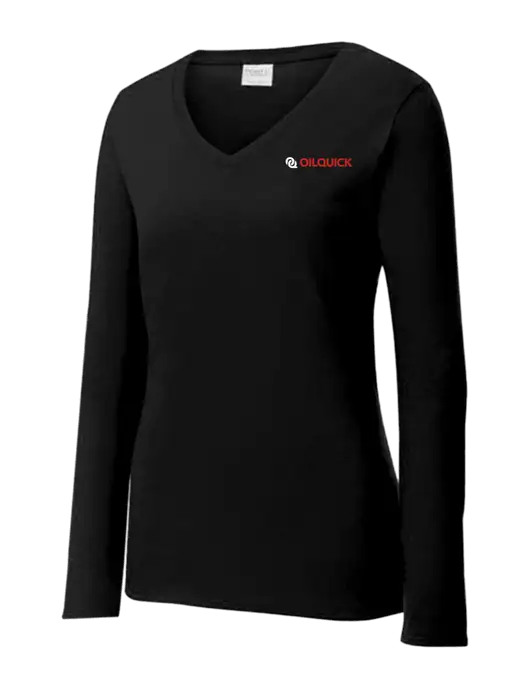Womens V-Neck Ring Spun Jet Black 4.5 oz Long Sleeve T-Shirt w/OilQuick Logo
