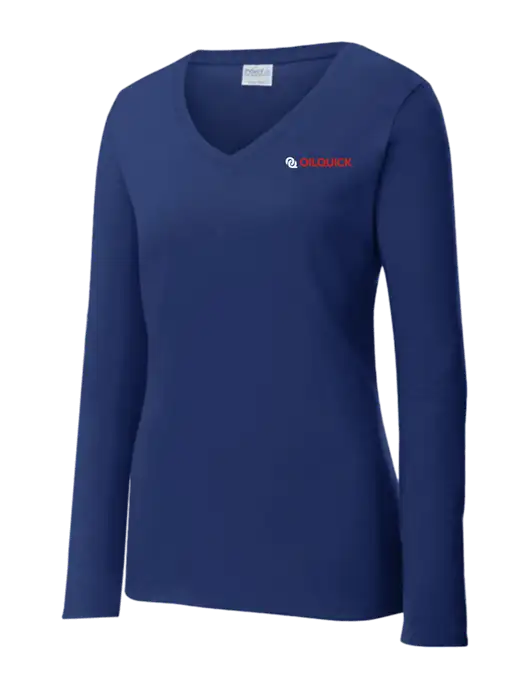 Womens  V-Neck Ring Spun Navy 4.5 oz Long Sleeve T-Shirt w/OilQuick Logo