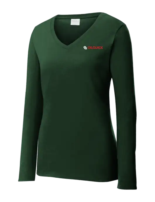 Womens  V-Neck Ring Spun Forest Green 4.5 oz Long Sleeve T-Shirt w/OilQuick Logo