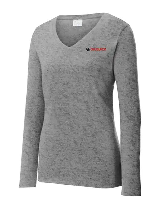 Womens  V-Neck Ring Spun Grey Heather 4.5 oz Long Sleeve T-Shirt w/OilQuick Logo