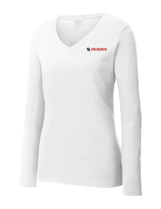 Womens  V-Neck Ring Spun White 4.5 oz Long Sleeve T-Shirt w/OilQuick Logo