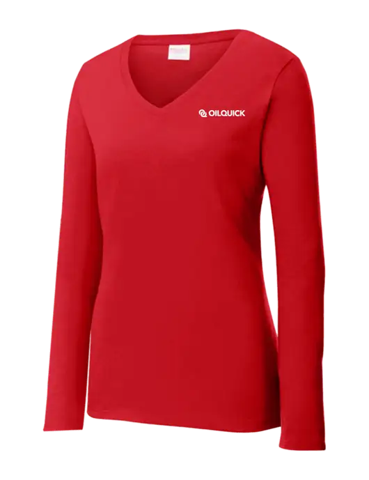 Womens  V-Neck Ring Spun Bright Red 4.5 oz Long Sleeve T-Shirt w/OilQuick Logo