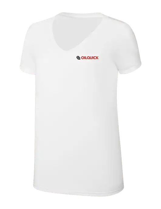 Womens Simply Soft V-Neck White 4.5oz  Poly/Combed Ring Spun Cotton T-Shirt w/OilQuick Logo