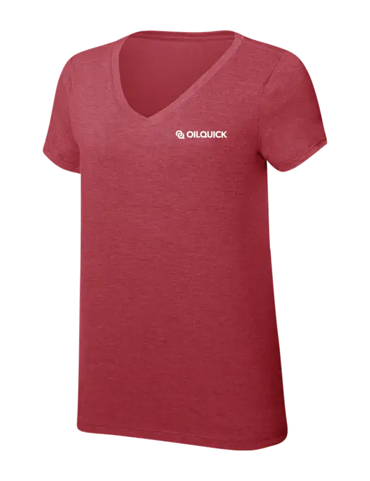 Womens Simply Soft V-Neck Red Frost 4.5oz  Poly/Combed Ring Spun Cotton T-Shirt w/OilQuick Logo
