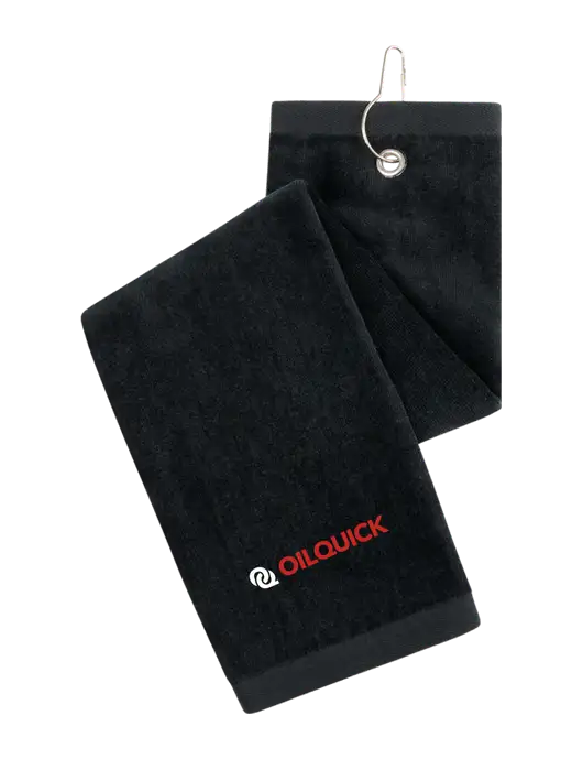 Black Tri-Fold Golf Towel with Grommet w/OilQuick Logo