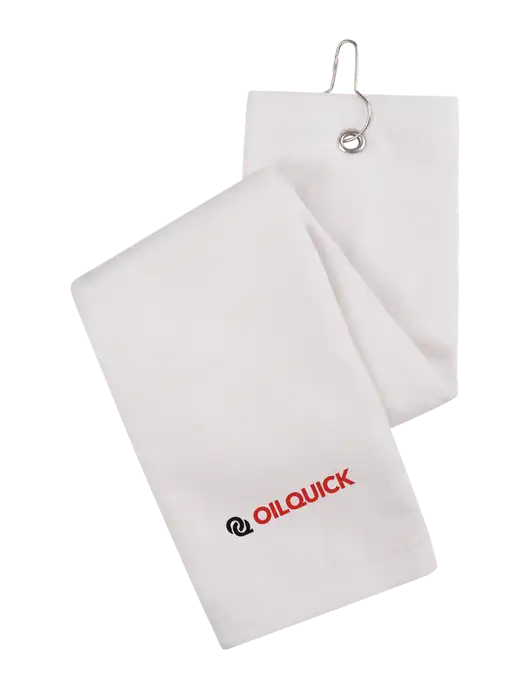 White Tri-Fold Golf Towel with Grommet w/OilQuick Logo