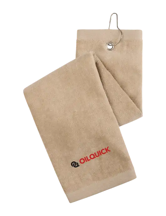 Khaki Tri-Fold Golf Towel with Grommet w/OilQuick Logo