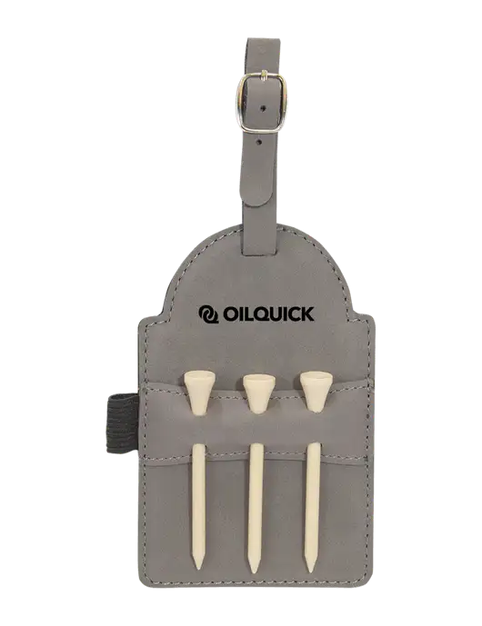 Grey Leatherette Golf Bag Tag with 3 Wooden Tees w/OilQuick Logo