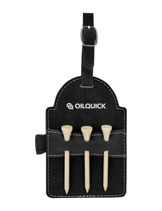 Black Leatherette Golf Bag Tag with 3 Wooden Tees w/OilQuick Logo