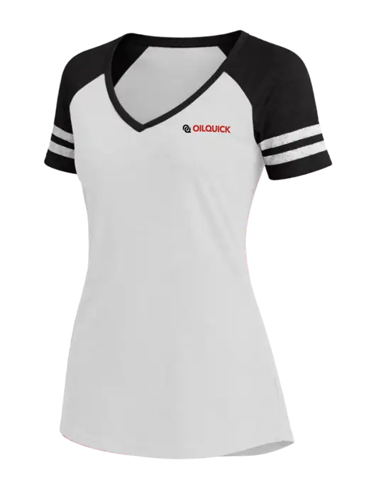 Womens White/Black V-Neck Game Tee w/OilQuick Logo
