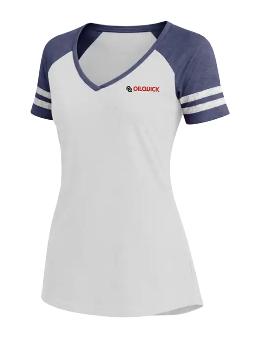 Womens White/Navy Heather V-Neck Game Tee w/OilQuick Logo