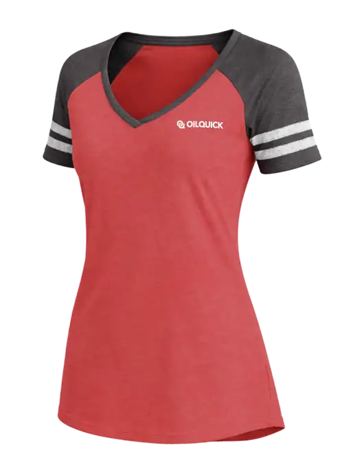 Womens Red Heather/Charcoal Heather V-Neck Game Tee w/OilQuick Logo