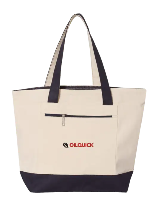 Natural/Navy Zippered Tote  w/OilQuick Logo